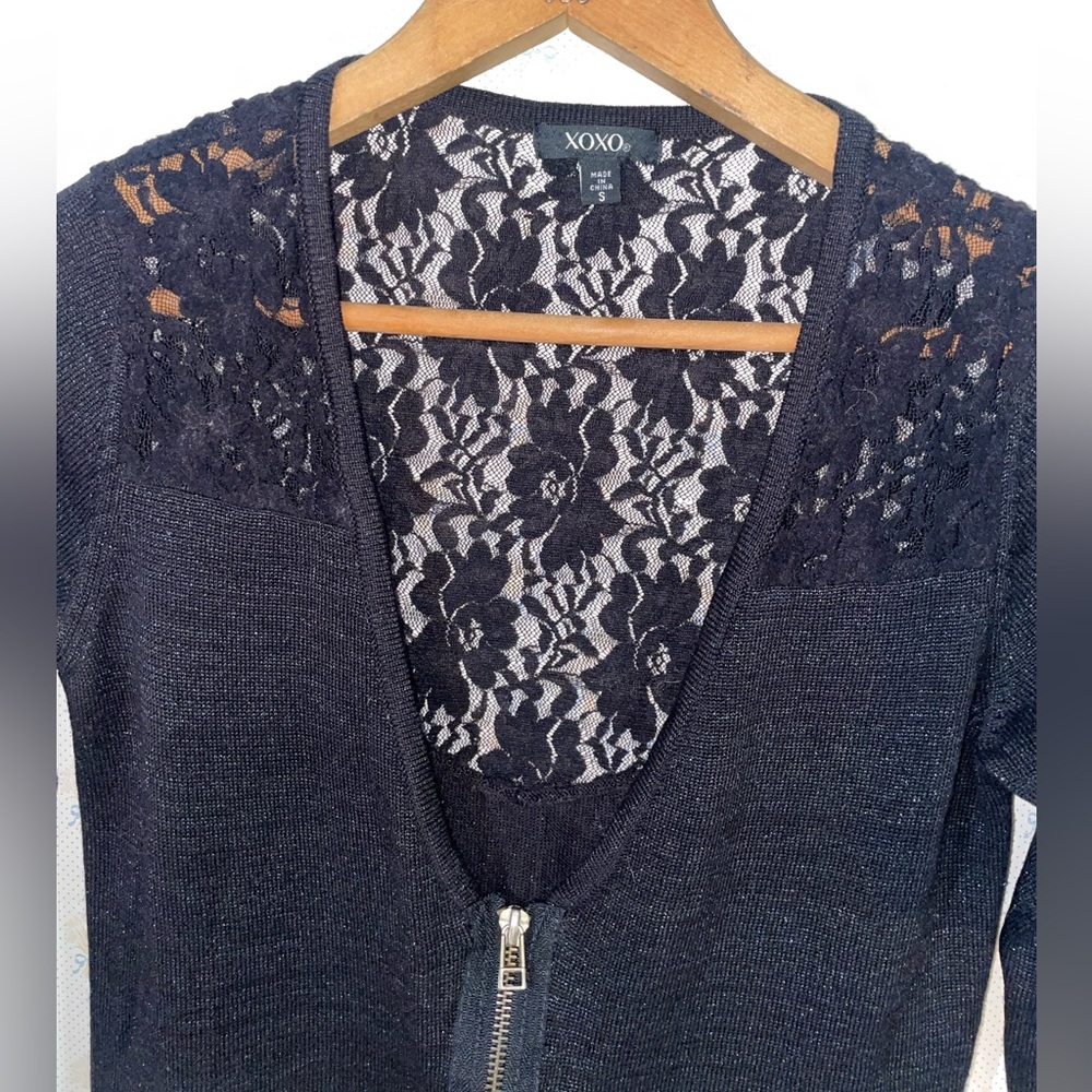 XOXO‎ Black Sparkly Lace Zip Up Sweater - Picture 3 of 3